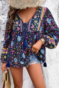 Intricate Floral Print V Neck Lace Up Paneled Long Sleeve Shirt