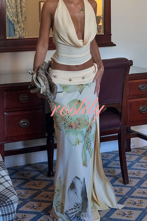 Beautiful Statement Cowl Neck Halter Tank and Floral Ruched Waist Slit Maxi Skirt Set