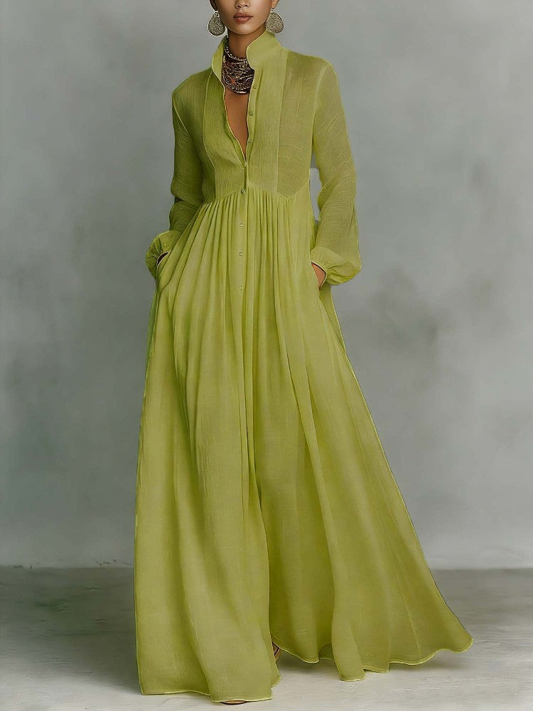Minimalist Cotton And Linen Patchwork Single-breasted Stand-up Collar Long-sleeved Maxi Dress