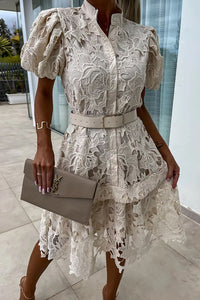 Absolutely Elegant Floral Crochet Lace Puff Sleeve Belted Shirt Midi Dress