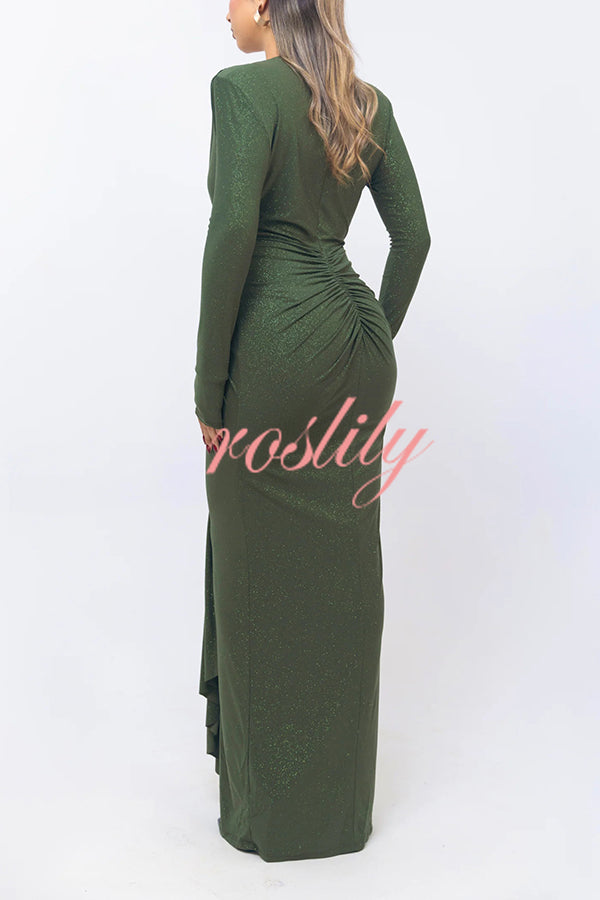 Solid Color Shiny Sexy V-neck Long Sleeve Ribbon Slit Slim Fit Maxi Dress