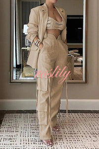 Stylish Lapel Long Sleeve Loose Jacket and Casual Pocket Lace-up Straight Leg Pants Set