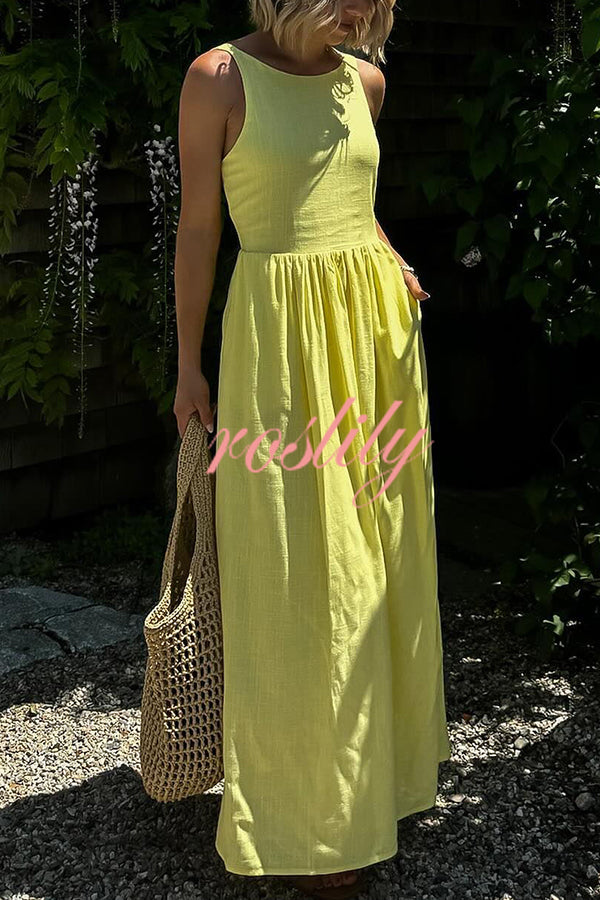 Relaxed and Comfortable Linen Blend Boat Neck Pocketed Loose Maxi Dress