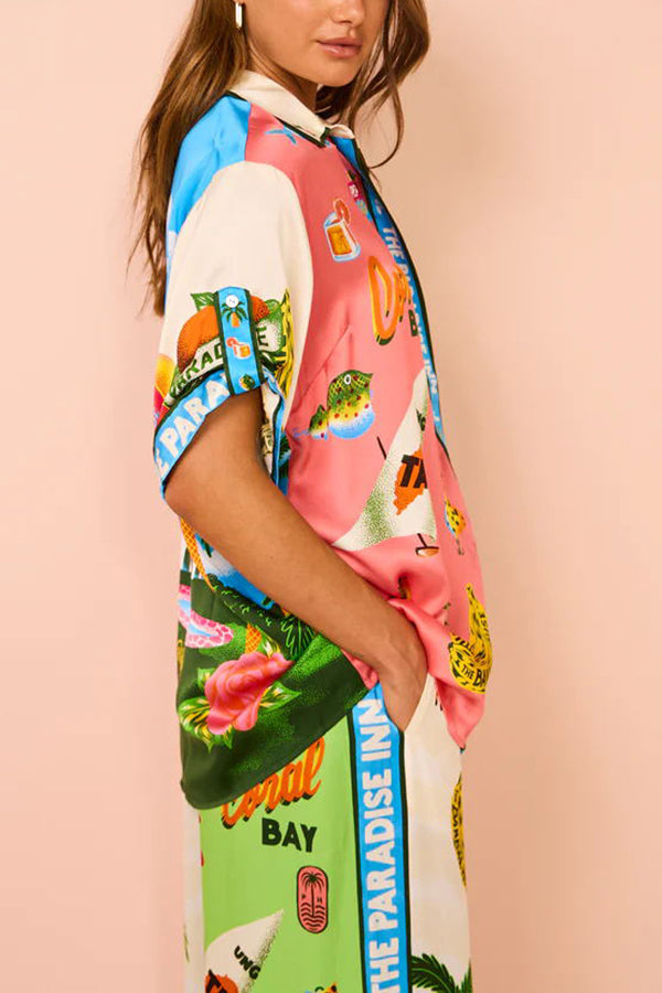 Kissed By The Sun Satin Unique Print Colorblock Button Down Oversized Blouse