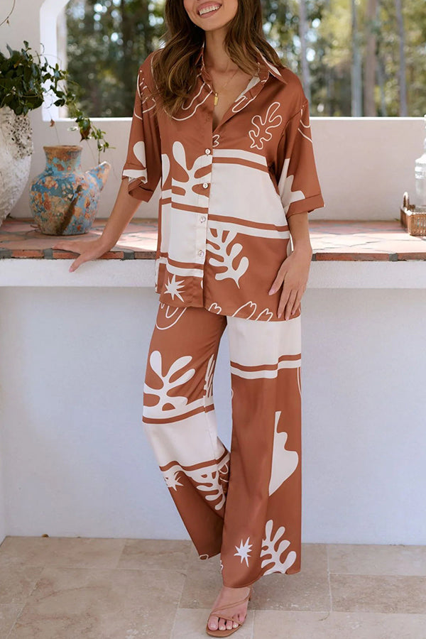 The Beach Girls Unique Color Block Print Button Up Shirt and Elastic Waist Pants Set