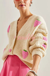 Stylish and Sweet V-neck Strawberry Embellished Knitted Cardigan