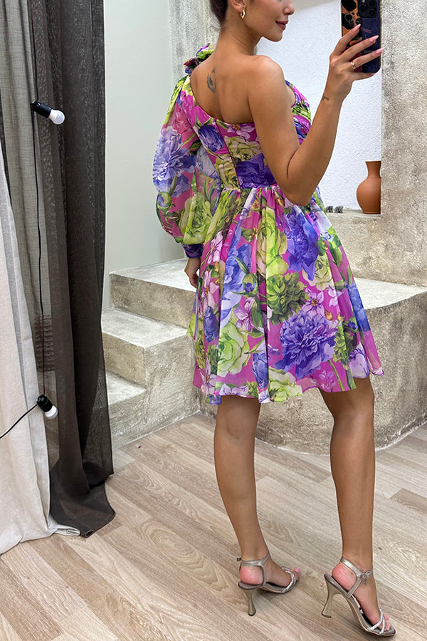 Vivid Visions Floral Print Pleated One Shoulder Sleeve Swing Mini Dress