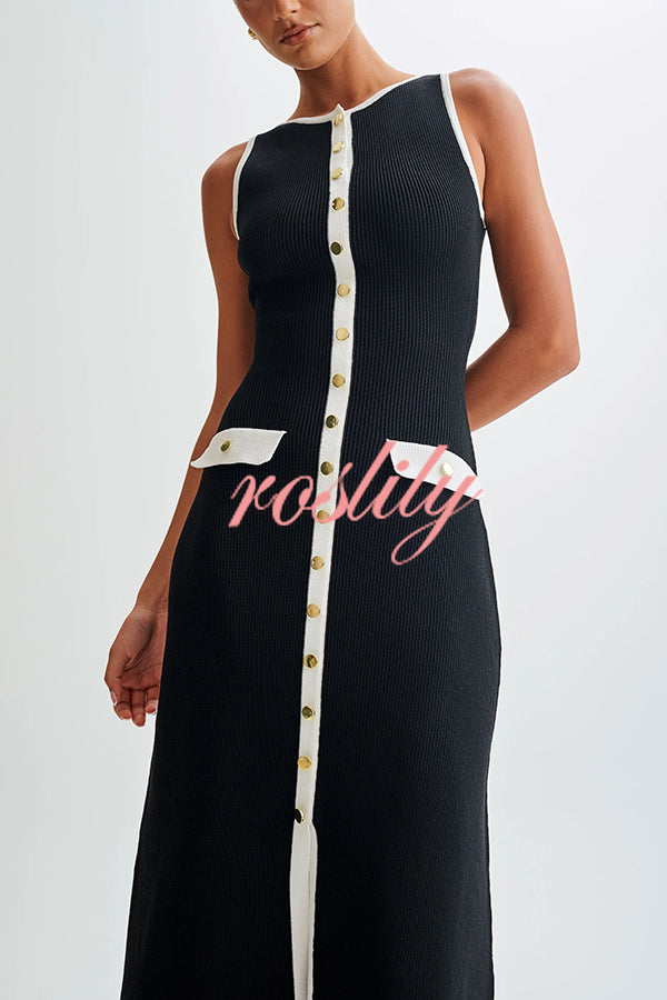 Elegant Slim Fit Crew Neck Buttoned Sleeveless Knit Midi Dress