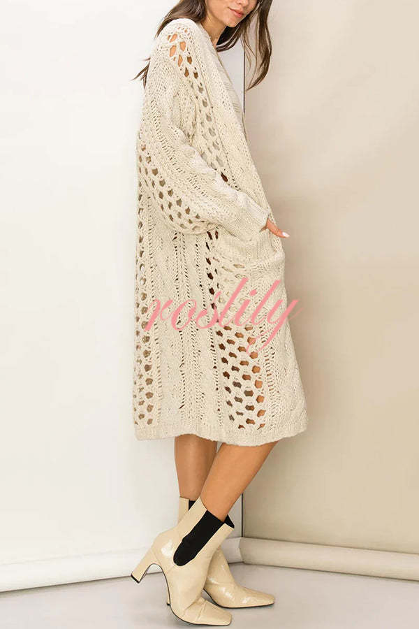 Jamila Knit Cable Cotout Long Sleeve Pocket Oversized Midi Cardigan