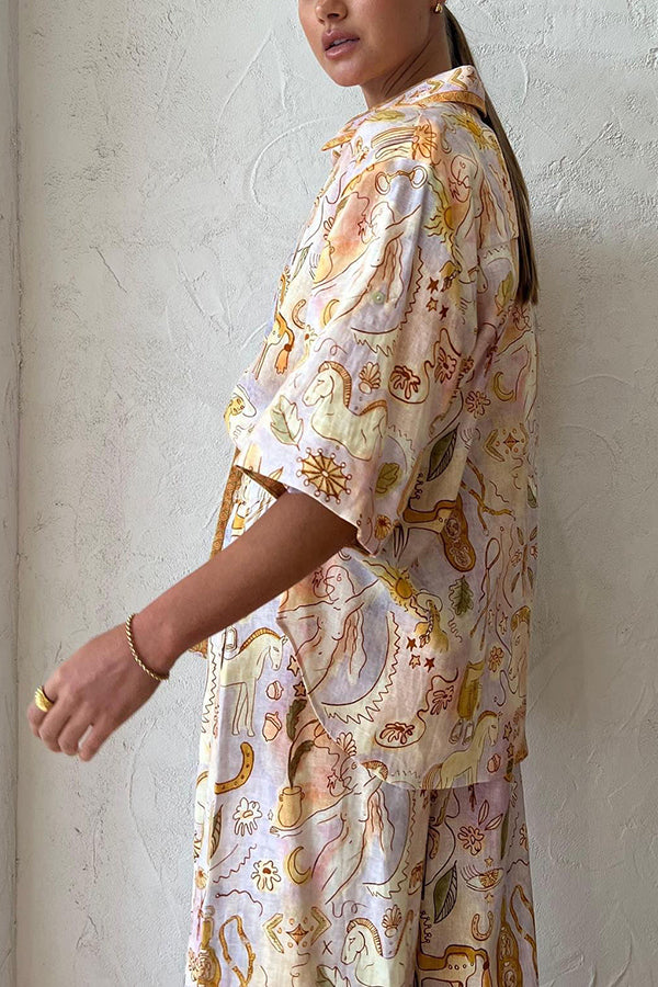 Sunshine Loving Linen Blend Mythological Pattern Button Down Oversized Blouse