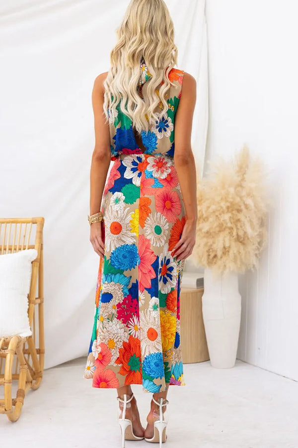 Land of Beauty Floral Print Halter Neck Elastic Waist Party Maxi Dress