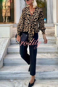 Janae Leopard Print Front Tie-up Lantern Sleeve Casual Blouse