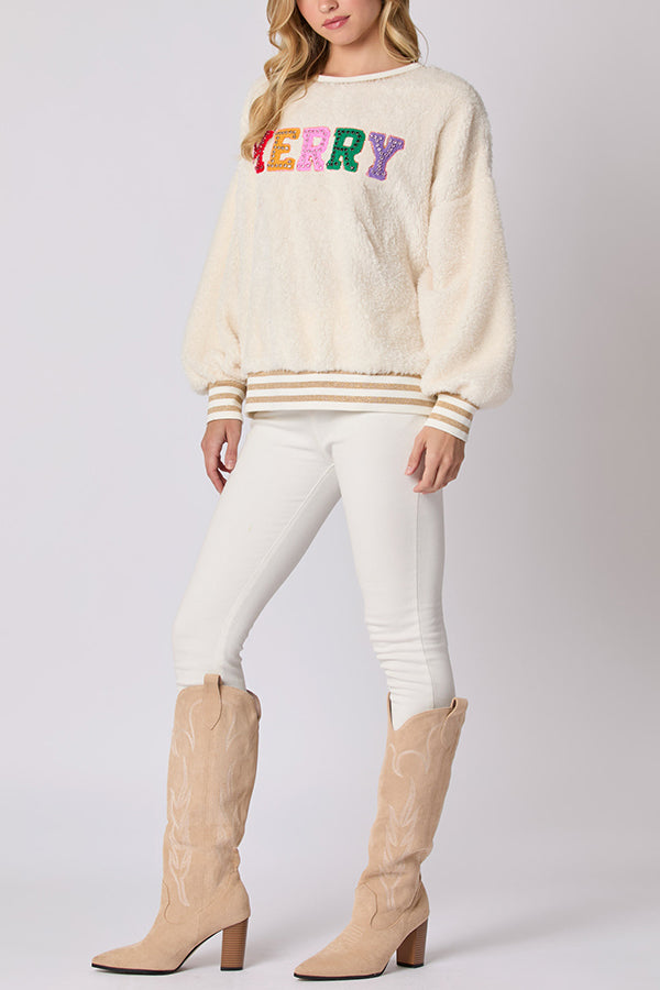 Christmas Lettered Rhinestone Long-sleeved Crew Neck Sweatshirt