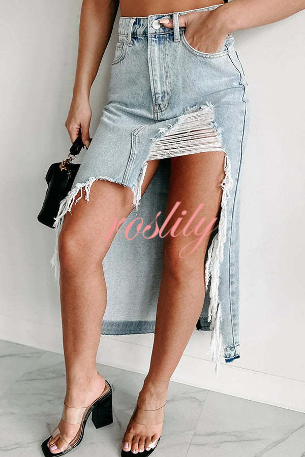 Darla Cutting Ties Heavily Distressed Denim Maxi Skirt