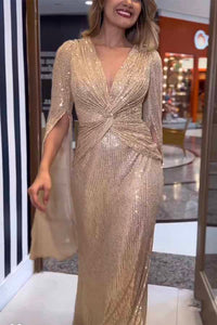 Shine Brighter Sequin Cape Sleeve Cross Waist Evening Maxi Dress