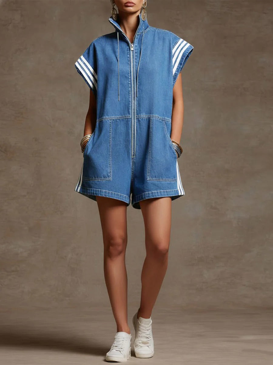 Stand-collar Short-sleeved Short Denim Wide-leg Jumpsuit