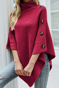 Solid Color Turtleneck Button-embellished Knitted Shawl Cape