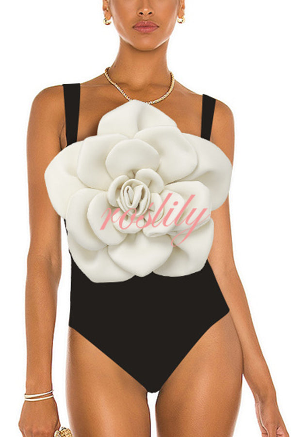 Fashionable Contrast Color Large Flower Stretch One-piece Swimsuit