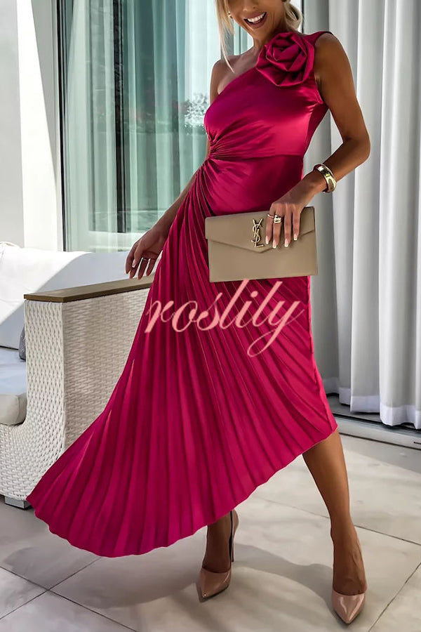 Romantic Nights Satin Raised Flower Elastic Cutout One Shoulder Pleated Maxi Dress