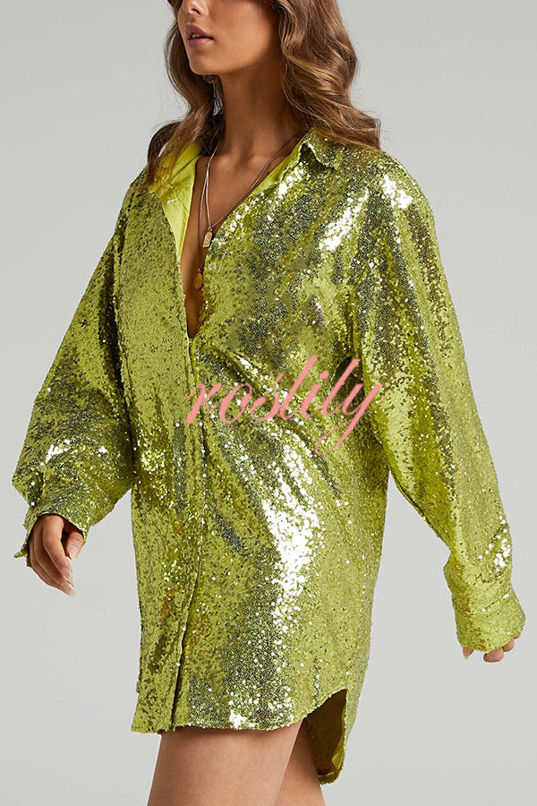 Solid Color Sequined Long-sleeved Casual Mid-length Loose Shirt