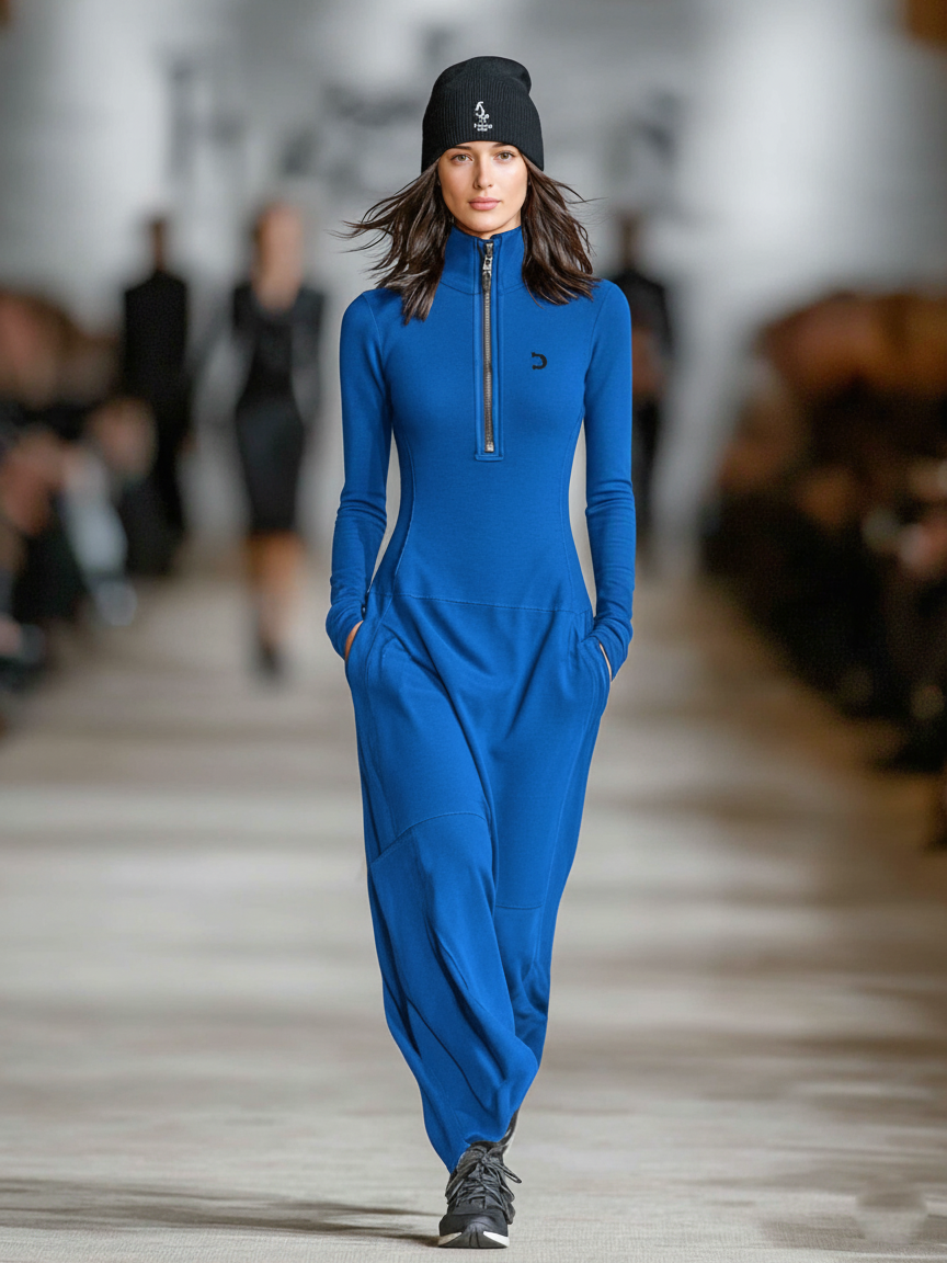 Sports Cotton Blend Half-high Collar Zipper Loose Maxi Dress