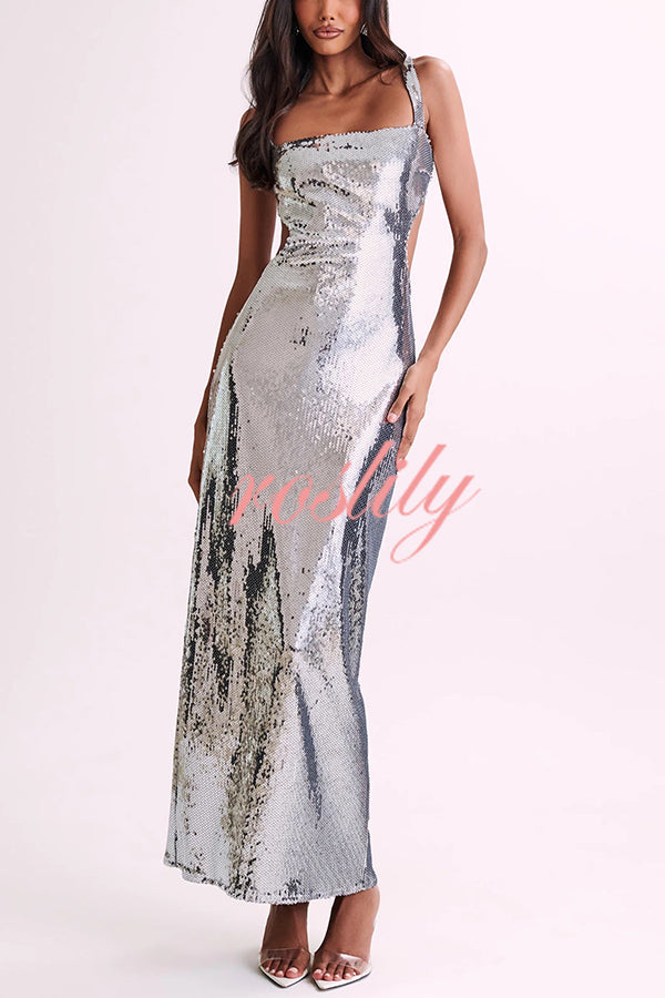 Eye Catching Sequin Cutout Waist Wide Strap Bacakless Maxi Dress