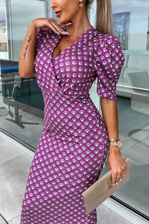 Late Night Gala Satin Printed Puff Sleeve Midi Dress