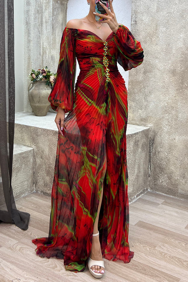 Sunset Serenade Printed Off Shoulder Diamond Embellished Pleated Slit Maxi Dress