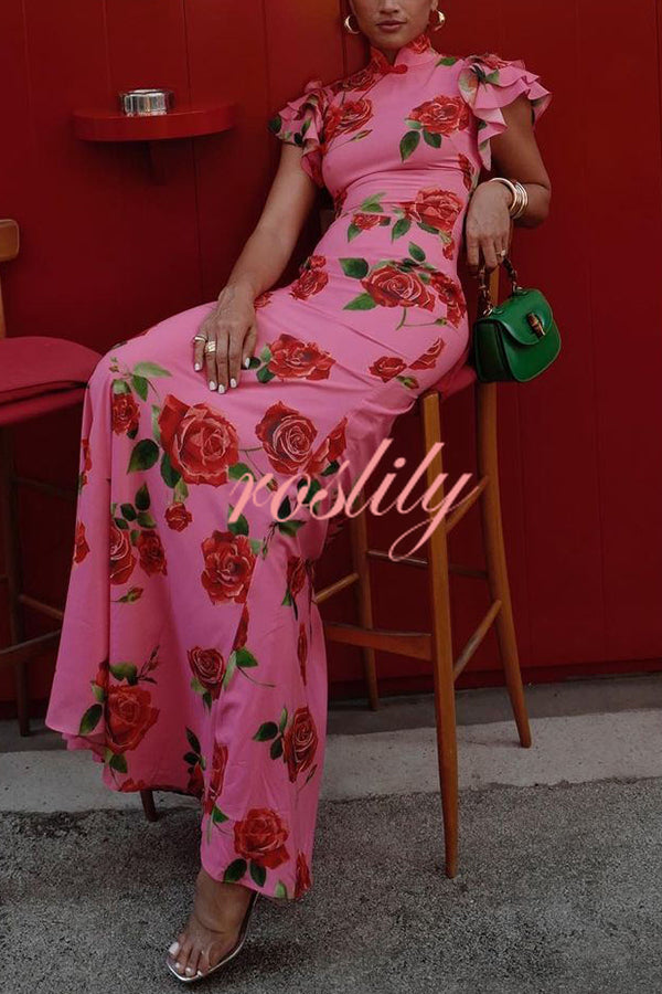 Cheongsam Style Rose Floral Print Tiered Flare Sleeve Stretch Maxi Dress