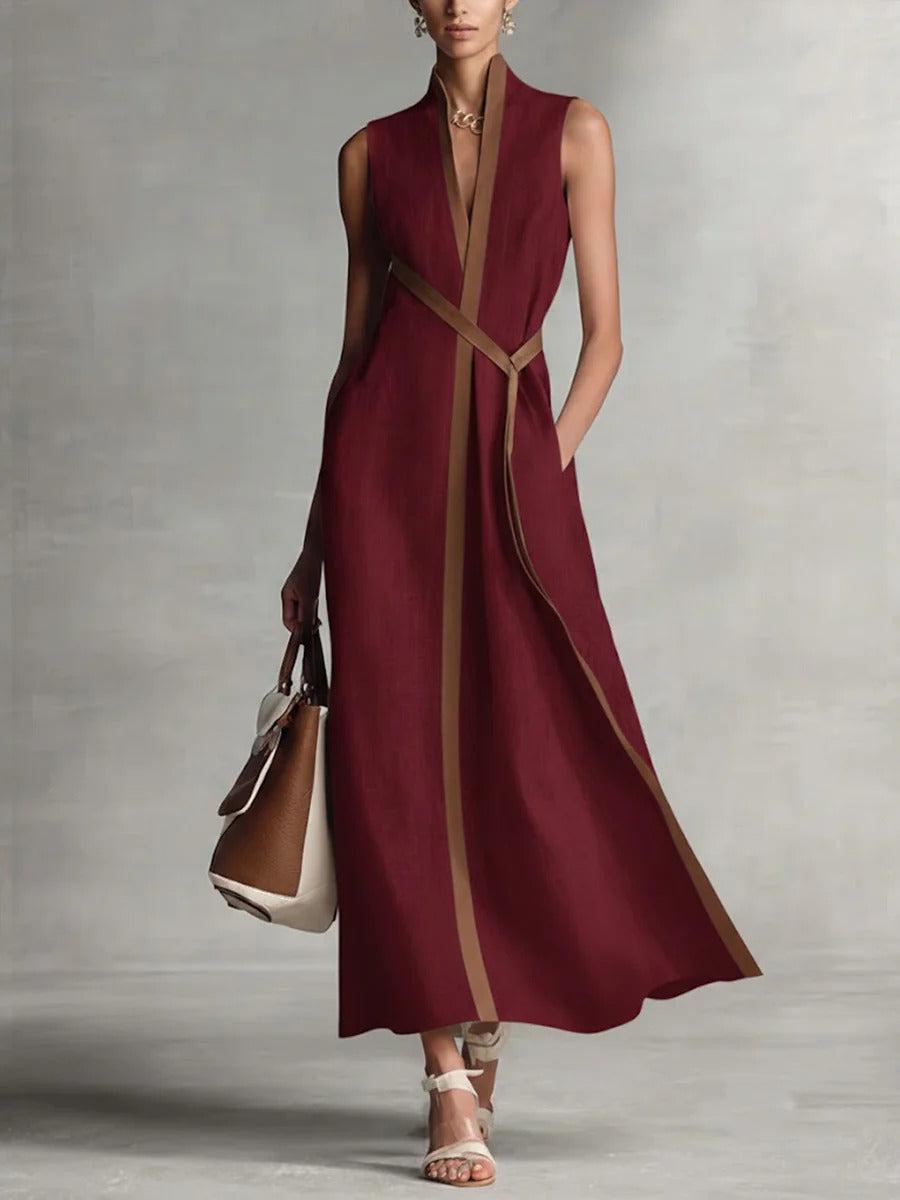 Elegant Contrast Trim Sleeveless Cotton Linen Maxi Dress