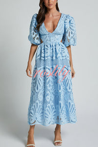 Solid Color V neck Hollow Lace Waistless Sexy Maxi Dress