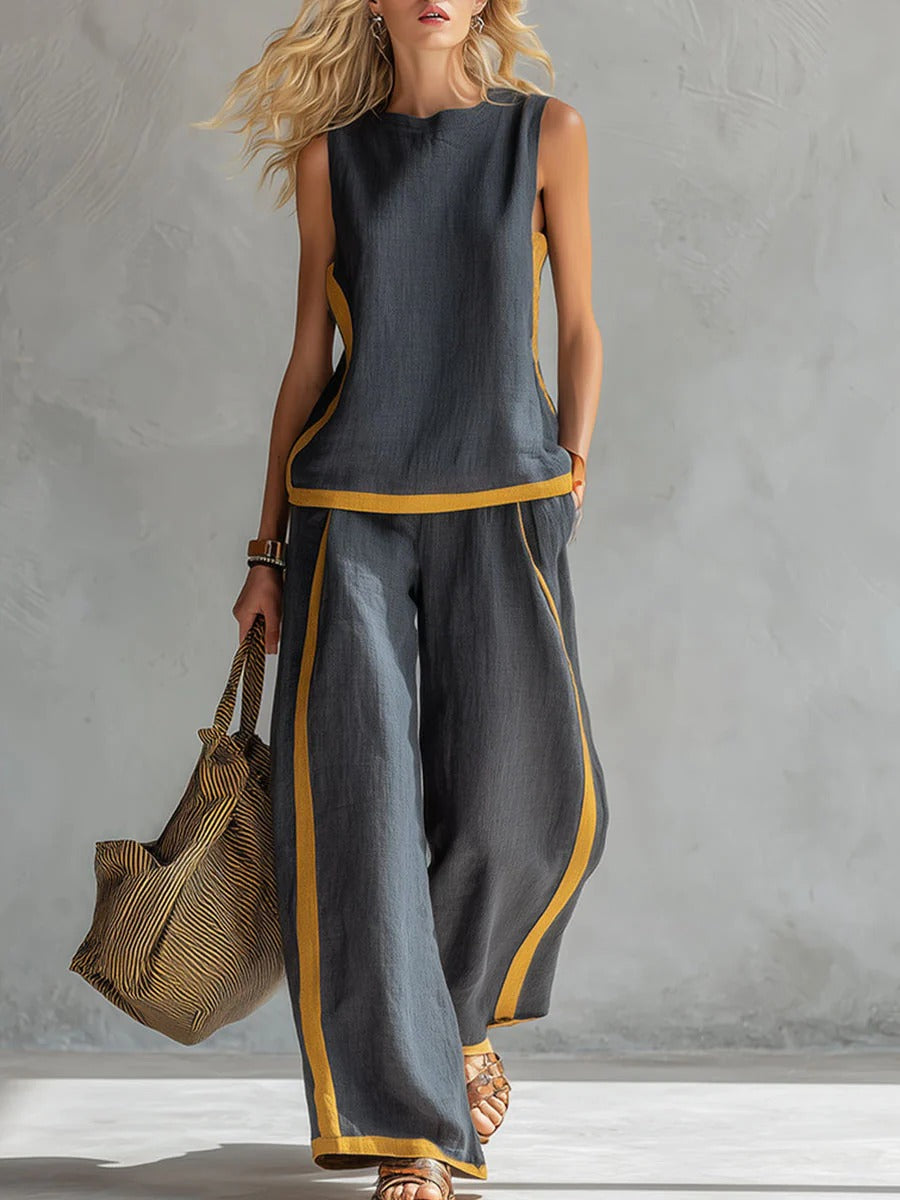 Round Neck Sleeveless Loose Top And High-waisted Wide-leg Pants Cotton And Linen Set