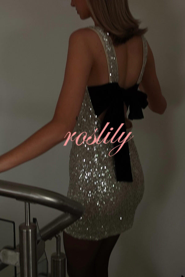 Party Time Starts Sequin Back Velevt Bow Detail Stretch Mini Dress