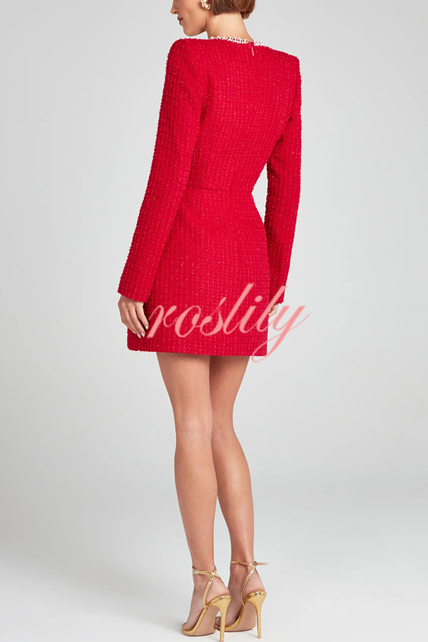 Girly and Glamorous Tweed Fabric Pearl Trim Long Slit Sleeve Pocketed Mini Dress