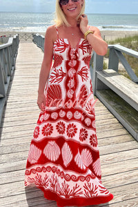 Beautiful Shell Unique Print Front Lace-up Loose  Maxi Dress