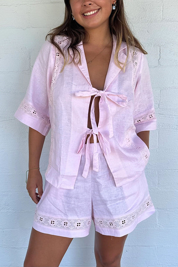 Celebrate Vacation Linen Blend Lace Splicing Tie-up Shirt and Elastic Waist Pocketed Shorts Set