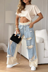 Women's Denim Trousers with Stitching and Ripped Design