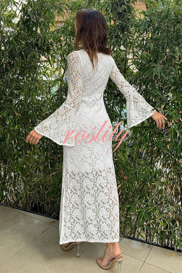 Luxe Lifestyle Lace Square Neck Bell Sleeve Lined Slit Midi Dress