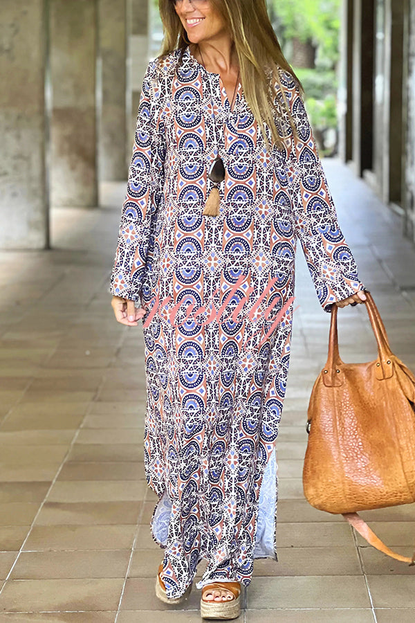 Unique Printed Long Sleeve V-neck Loose Maxi Dress