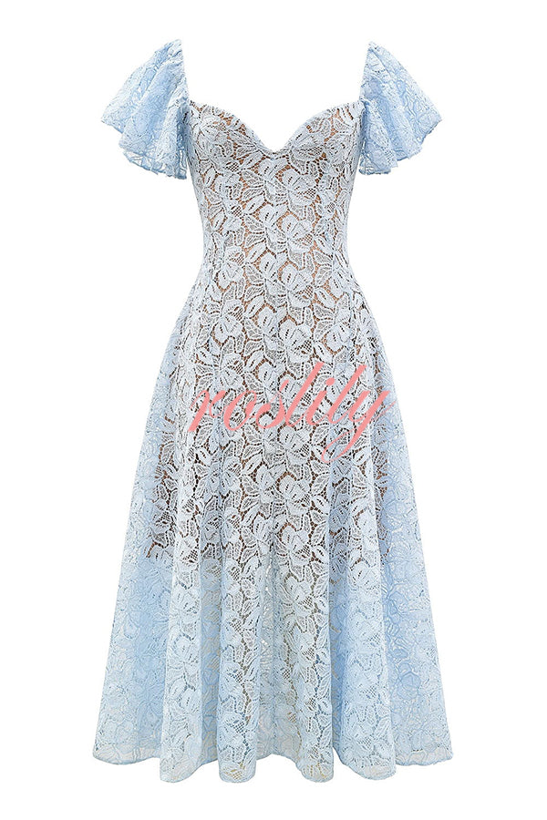 Romantic Atmosphere Bluebell Lace Butterfly Sleeve Sweetheart Neck Stretch Midi Dress