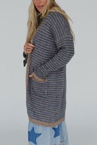 Fashion Contrast Striped Loose Long-sleeved Mid-length Knitted Cardigan