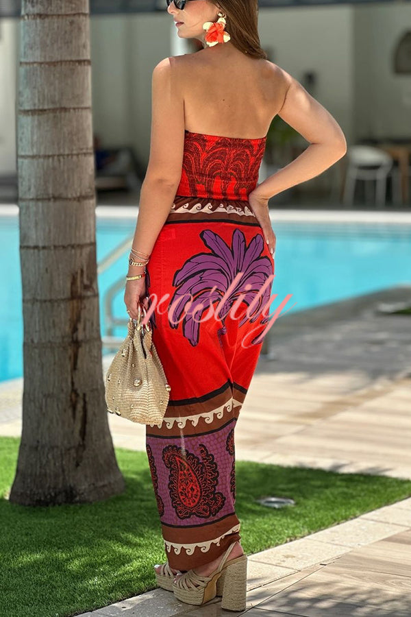 Botanical Floral Print Sexy Stretchy Tube Top High Waist Slit Maxi Dress