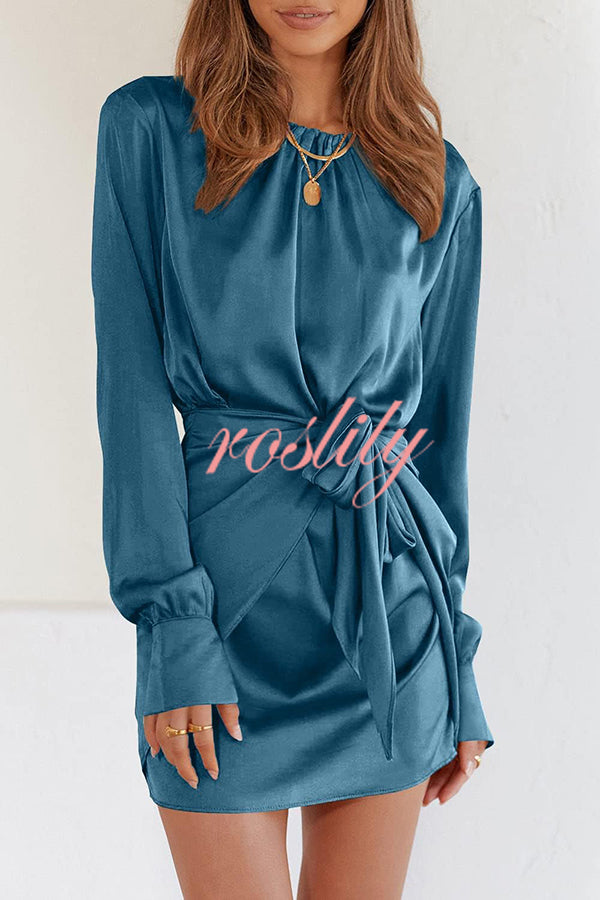 Satin Round Neck Long Sleeve Elastic Tie Mini Dress