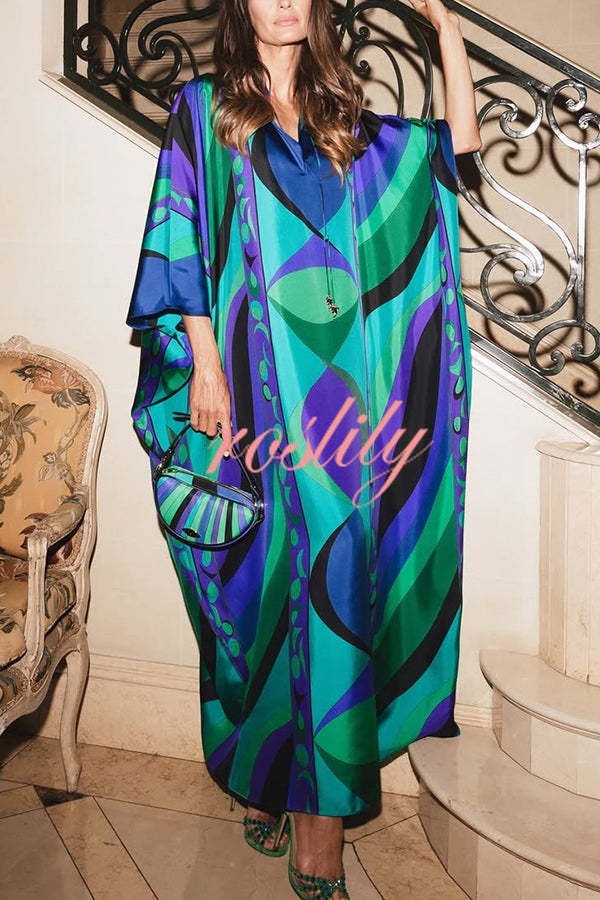 Holiday Choice Satin Unique Print Drape Wide Sleeve Loose Kaftan Maxi Dress