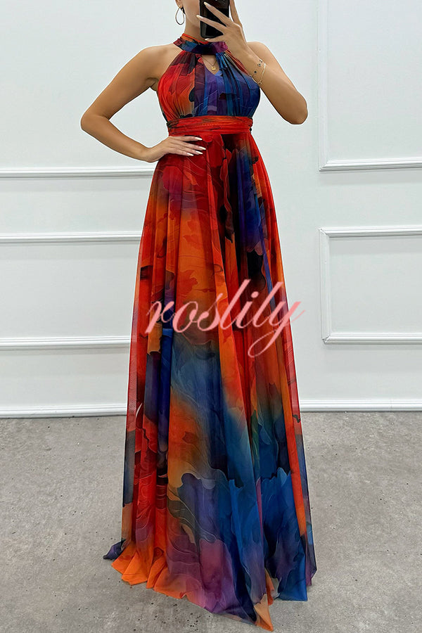 Elaine Tulle Floral Splash Print Cutout Halter Tie-up Neck Gown Maxi Dress