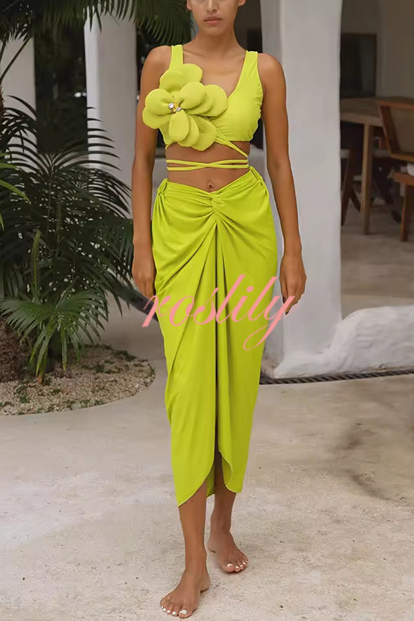 Solid Color Elastic Waist High Slit Loose Holiday Midi Skirt