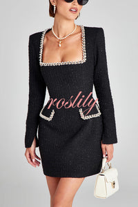 Girly and Glamorous Tweed Fabric Pearl Trim Long Slit Sleeve Pocketed Mini Dress