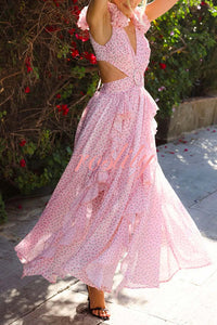 Wedding Dreams Chiffon Printed Flutter Sleeve Cutout Back Lace-up Maxi Dress