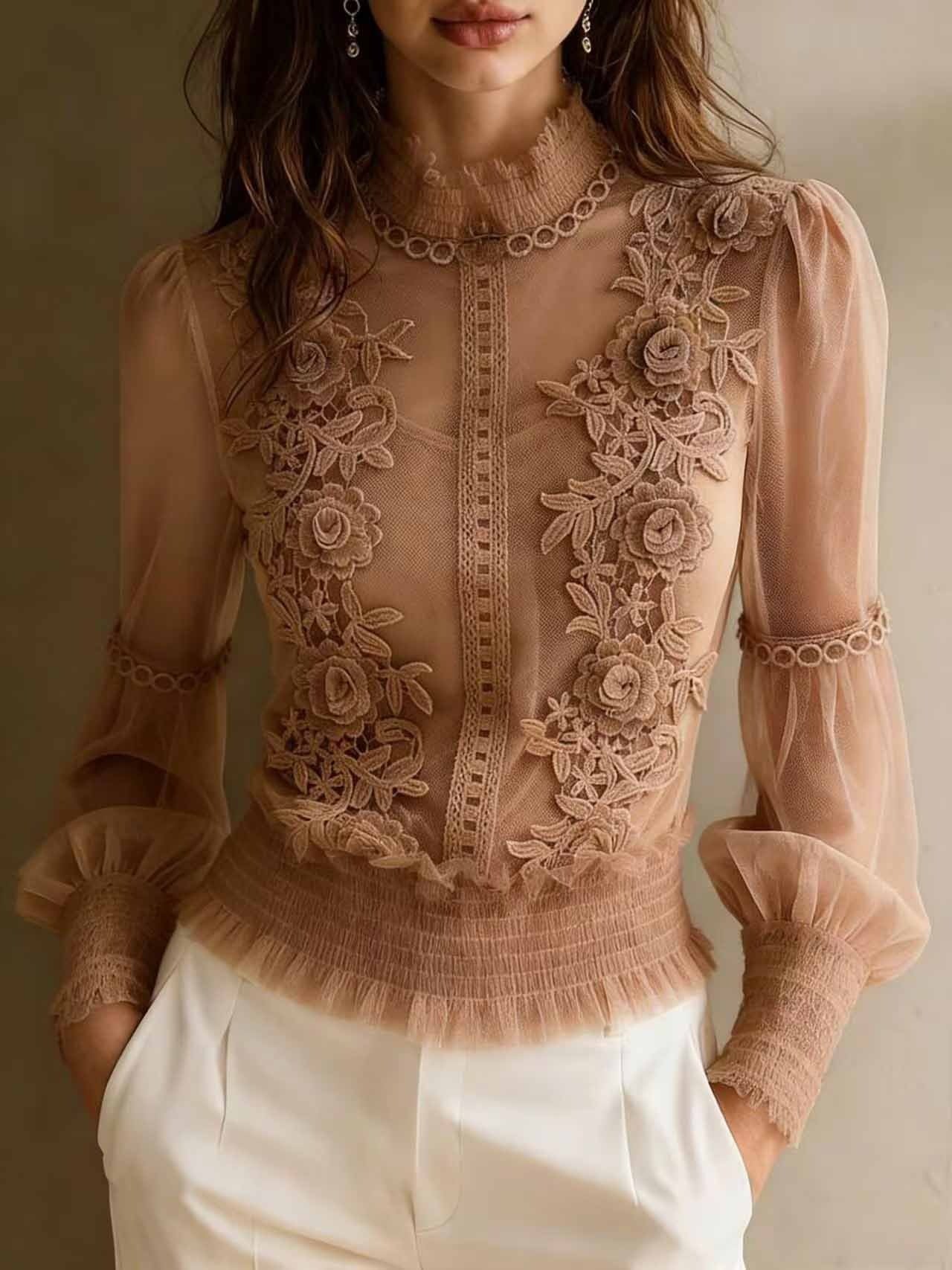 Lace High-Neck Sheer Blouse