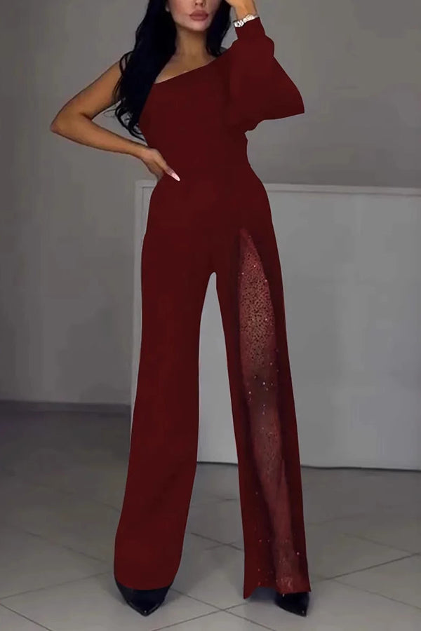 Fashionable Oblique Shoulder One-sleeve Sexy High Slit Slim Jumpsuit